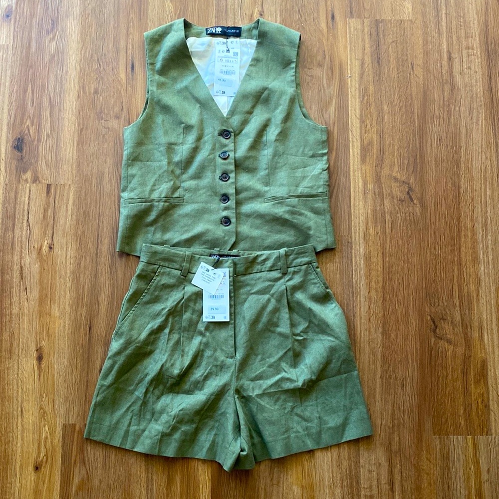 Zara green linen co-ord shorts